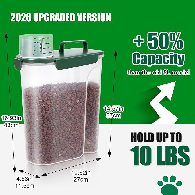 TBMax 10 Lbs Cat Dog Food Storage Container, 2026 Upgraded Large Pouring Container for Pet Food Storage, Bird Seed Dispenser, Portable Travel Kibble Holder -Dark Green