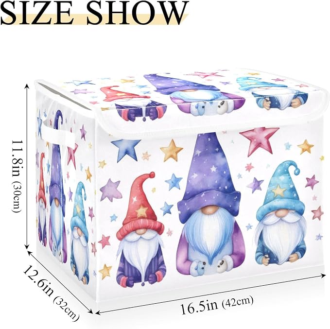 Cute Gnomes Storage Bins with Lids and Carrying Handle,Foldable Storage Boxes Organizer Containers Baskets Cube with Cover for Home Bedroom Closet Office