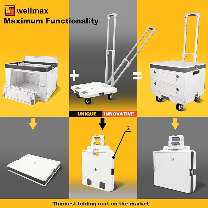Wellmax Foldable Utility Cart & Rolling Crate – 132 lbs Capacity, Silent Wheels, Aluminum Handle + Bonus Collapsible Basket