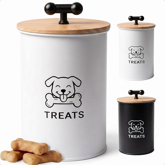 Dog Treat Container Airtight, 4.6"W x 6"H, Powder Coated, 6 Cup Capacity | Fits All Popular Treats, 6 Cup Capacity, Airtight Bamboo Lid, Easy Open Lid, Dent-Resistant Durable Metal Bone-Shaped Handle