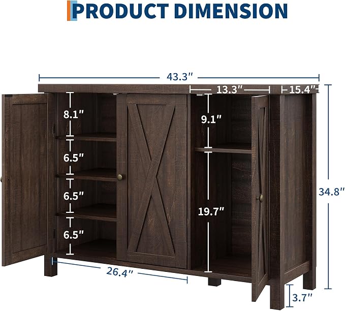 Farmhouse Shoe Cabinet with 3 Barn Doors & Wood Legs, 5-Tier Shoe Storage Cabinet with 3 Adjustable Shelves, Tall Shoe Rack Organizer for Closet, Shoe Organizer for Entryway, Hallway, Dark Cherry
