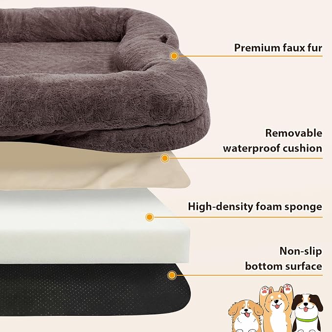 Human Dog Bed 71 x 47 x 12 in, Brown | Memory Foam Dog Bed for Humans & Large Pets, Removable & Washable, with Storage Pocket
