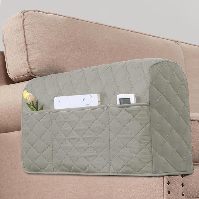 2 Pack Water Resistant Armrest Covers for Chairs and Sofas Couch Arm Covers for Sofa with 3 Pockets for Phone Sofa Arm Protector for Pets, Cats (Light Gray)