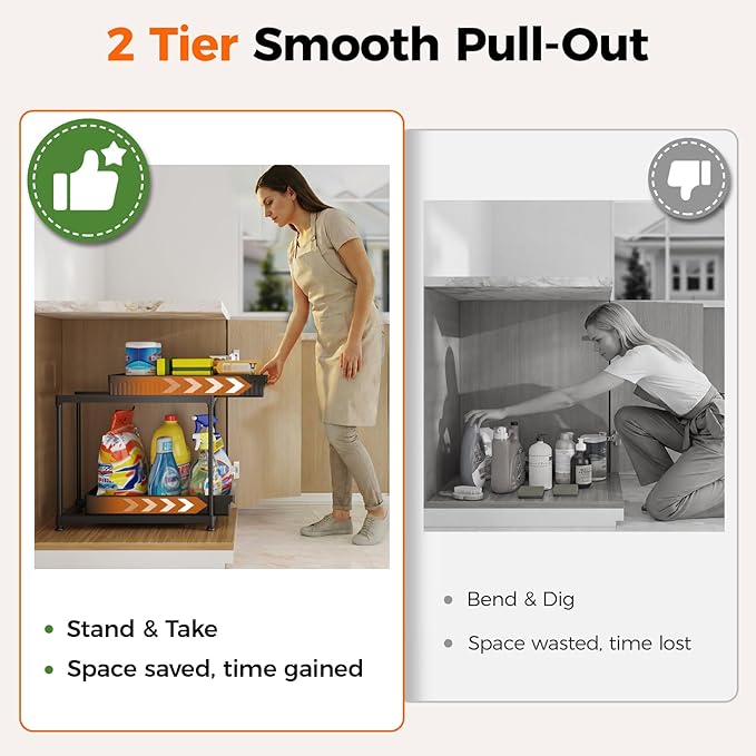 3-Pack 2-Tier Under Sink Organizers with Sliding Drawers | Multi-use kitchen & bathroom storage, 14.8 inch 2-Tier Sliding cabinet organizer, space-saving sliding drawer design.