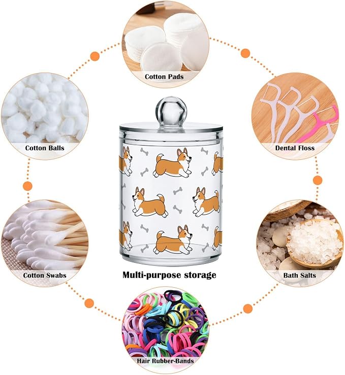 DOMIKING 2 Pack Plastic Cotton Swab Ball Pad Holder Cute Pets Dogs White Print Jars Bathroom Storage Organizer Vanity Canister Jar with Lid for Cotton Rounds Floss Picks Bath Salts