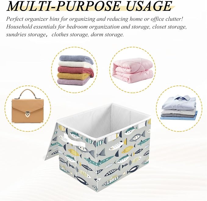 Storage Bins with Lid Fish Pattern Foldable Storage Boxes 40L Baskets | Decorative Storage Boxes, 300D Oxford Cloth, Hollow Board Frame, Flip Top Velcro Lid, 16.5x12.6x11.8 inch, Collapsible Design