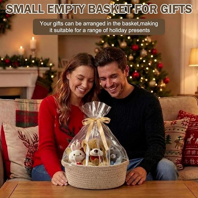 Basket for Gifts Empty, Small Woven Basket with Bags and Ribbons, Baby Toy Small Baskets with Handles, Wicker Storage Bin for Baby Showers or Pet Toy, Light_Brown, 1 Pack, (12"x 8"x 3.74")