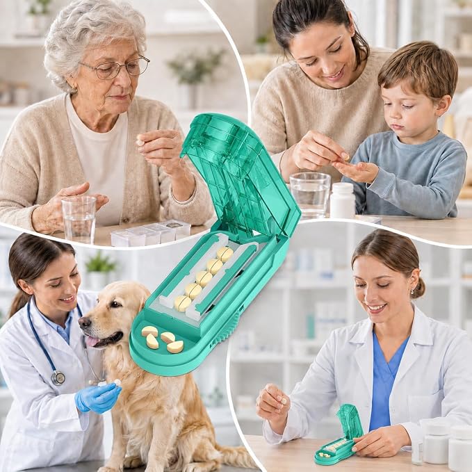 ONE PIX Pill Cutter Splitter for Small and Tiny Pills, Multiple Pill Splitter with Centering Device & Hidden Blade, Adjustable Tablet Cutter for Large Pills, Seniors, Pets, Cyan