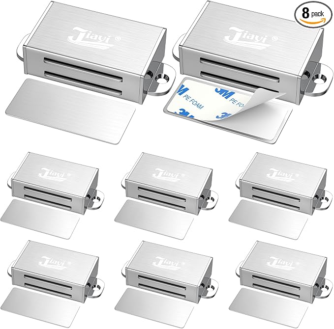 Jiayi Cabinet Magnet Adhesive 8 Pack Magnetic Door Catches Silver Cabinet Door Magnet Latch Stainless Steel Door Magnetic Catch for Kitchen Magnetic Closure for Drawer Wardrobe Closet Door Closing | Silver Magnets to Keep Door Closed, Stainless Steel D...