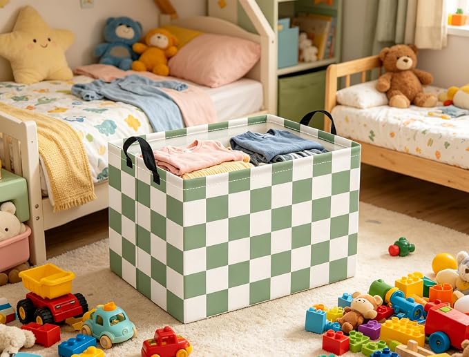 Rectangular Kids Basket Baby Girl Basket Fabric Storage Bin Organizer Box Room Decor(Green Checkered)
