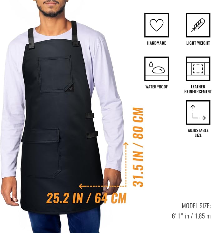 Under NY Sky Barber Apron, Cross-Back, Leather Loops, Flapped Pocket, Black | Oxford Canvas Resists Liquids, Chemicals, Ink, Dye. All Reinforced. Easy Sanitation For Hair Stylist, Salon, Colorist, Barber