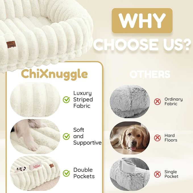 ChiXnuggle Orthopedic Human Dog Bed,Striped Faux Fur Washable Cover,Blanket | cream,72*40*10,giant dog bed for adult or extra large dogs,egg crate foam,non-slip bottom