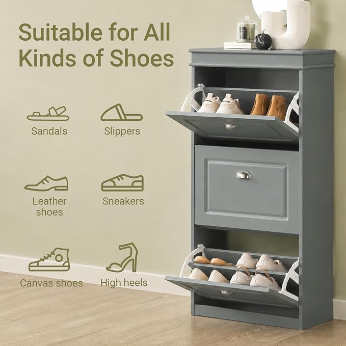 Haotian FSR94-HG, Grey Shoe Storage Cabinet with 3 Flip Drawers, Freestanding Shoe Rack, Shoe Storage Cupboard Organizer(9.4" D x 20.9" W x 46.1" H) | Freestanding Shoe Rack for Entryway, Shoe Organizer with Hidden Drawer, Grey, FSR94-HG