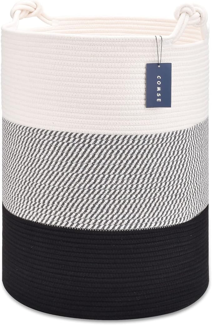 COMSE Tall Woven Blanket & Laundry Basket, 72L, White & Gray & Black | 15.7”x 21.7”, Cotton Rope, Large Nursery Hamper for Storage of Toys Clothes Towels, Great for Living Rooms Bedrooms Bathrooms