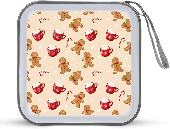 Heavy-Duty DVD Storage Wallet Christmas Gingerbread Man Candy Cane, Holds 40 Discs, Hard Shell Binder with Carry Handle, Portable Organizer for Movies Music