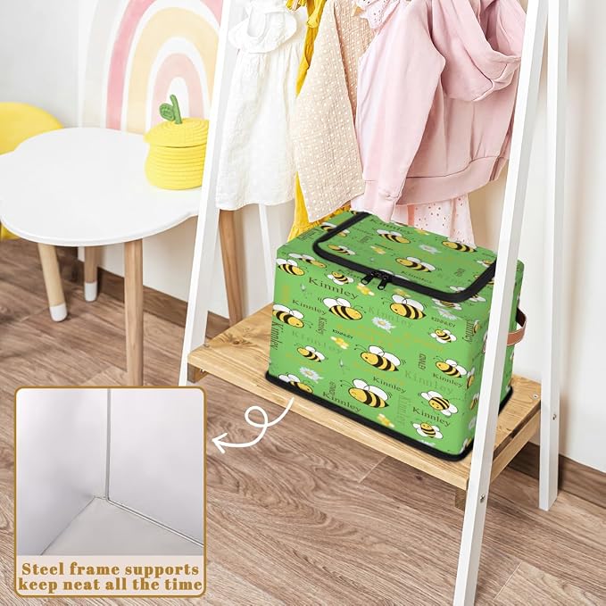 Personalized Foldable Storage Basket with Name, Cartoon Bee with Daisy Floral Spring Green Zipper Lid Laundy Hamper Dirty Clothes Toys Storage Bin with Handles for Shelf Home Closet