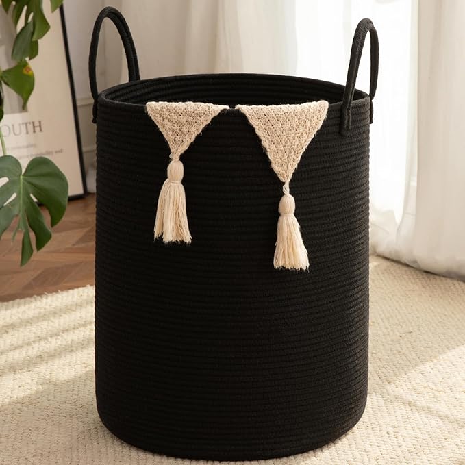 OIAHOMY 60L Nursery Hamper Laundry Basket Laundry Hamper Black | collapsible Blanket Basket Cotton Rope Woven Basket Dirty Clothes Hamper Baby Hamper Tall Clothes Hamper with Handles