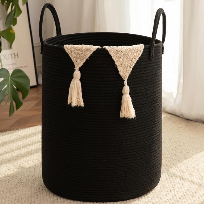 OIAHOMY 100L Nursery Hamper Laundry Basket Laundry Hamper Black | collapsible Blanket Basket Cotton Rope Woven Basket Dirty Clothes Hamper Baby Hamper Tall Clothes Hamper with Handles