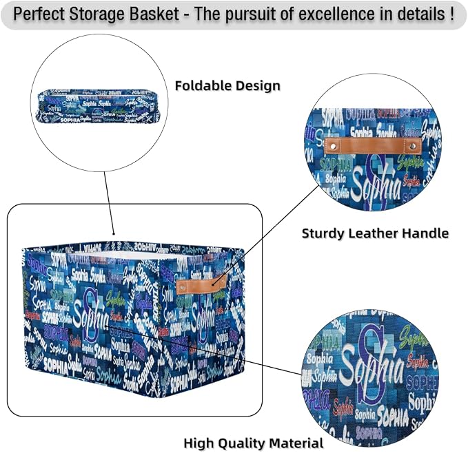 Custom Storage Baskets Name, Personalized Storage Bins Basket Boxes PU Leather Handles for Clothes Bedroom Closet Organizing Toys Books Shelves, Blue Geometric Pattern Background