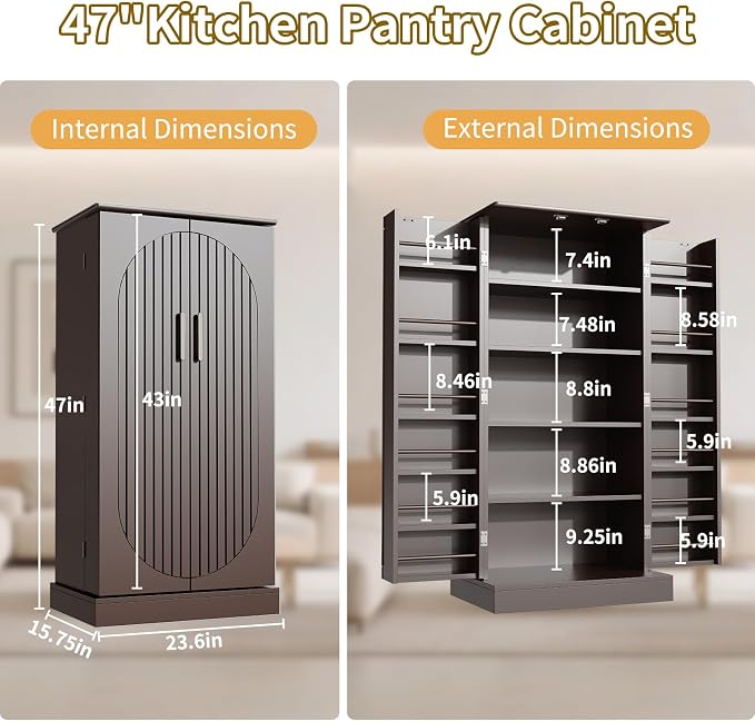 Saudism 47" Dog Food Storage Cabinet with Adjustable Shelves, Gray | Freestanding Pet Storage Container Organizer for Living Room and Dinning Room