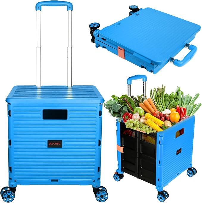 Foldable Utility Cart Portable Collapsible Crate Rolling Carts with Wheels Rolling Tote Basket Teacher Cart with Lid Wear-Resistant 360°Rotate Wheel Noiseless for Shopping Storage Office Use