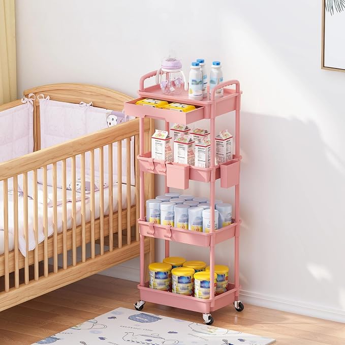 4 Tier Rolling Utility Cart with Drawer, Plastic Storage Organizer Rolling Carts with Wheels Handles Hanging Cups Hooks for Office, Bathroom, Kitchen,Craft Art Room (Pink)