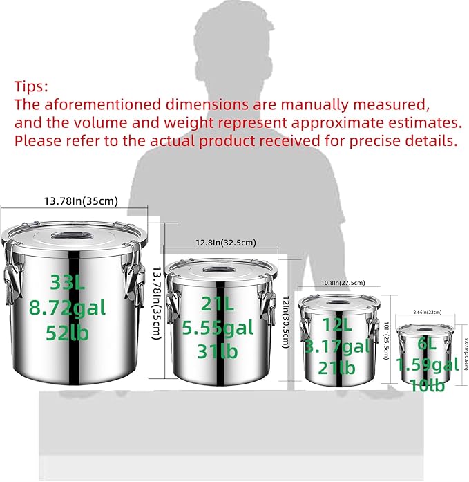 304 stainless steel food storage containers with lids lock clips airtight container large airtight for rice flour sugar grain coffee bean storage containers Kitchen jar (3.17gal/12L)