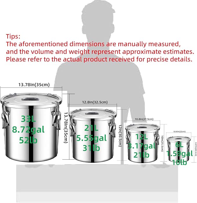 Stainless Steel Airtight Food Storage container with Lid for Pantry Kitchen | 8.72Gal/33L/1116oz food-grade 304 stainless steel container with airtight lid for flour rice grains pet food metal canister