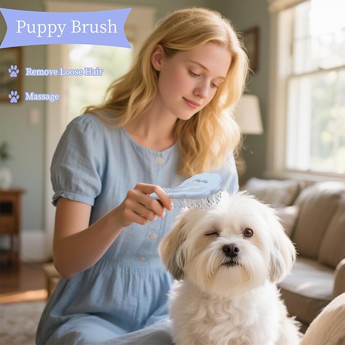 Cloud-Shaped Soft Bristle Small Dog Brush - Hollow Back Design for Easy Grooming - Ideal for Yorkie, Shih Tzu, Maltese Maltipoo Pomeranian- Puppy Essentials , Pet Hair Removal Essentials (Blue)