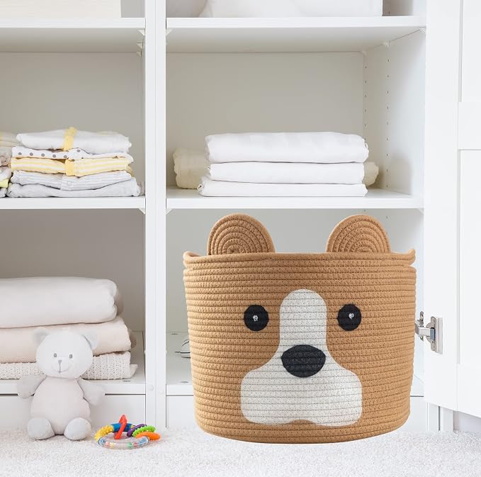 Medium Dog Woven Baskets with Handle, Dog Toy Hamper, Cotton Rope Dog Toy Storage Baskets for Pet, Animal Basket for Kids, Baby Gift Baskets for Dog Lovers, Khaki