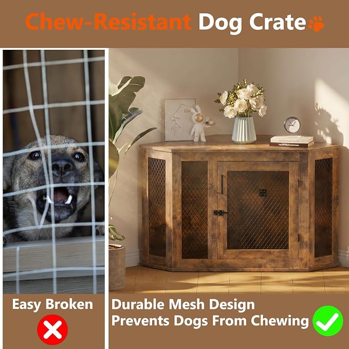 44" Corner Dog Crate Furniture, Wooden Dog Kennel Indoor | Corner Dog Kennel Furniture for Medium-Large Dogs, Brown Space-Saving Decorative Indoor Pet House with Mesh Door & Lock