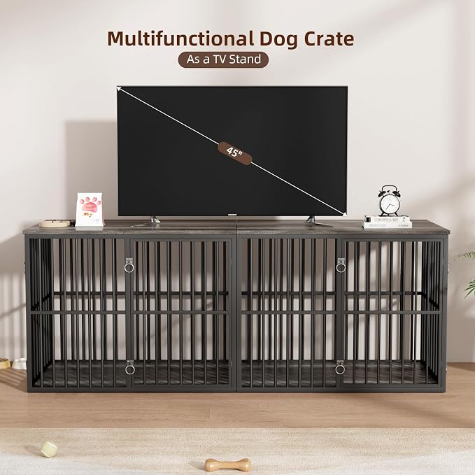 VOWNER 86.7" Double Dog Crate Furniture for 2 Large Dogs, Grey/Black | Heavy Duty Wooden Dog Kennel with Removable Divider, XXL Dog Cage TV Stand End Table with 4 Doors, Double Locks for Each Door