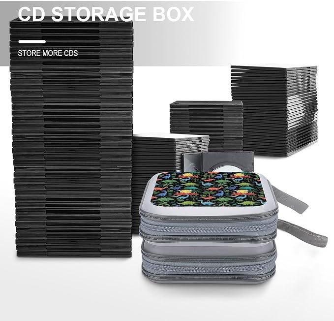 Portable 40-Capacity DVD Storage Binder Dinosaurs World, Hard Case CD Holder with Zipper, Organizer for Music Movies Game Discs