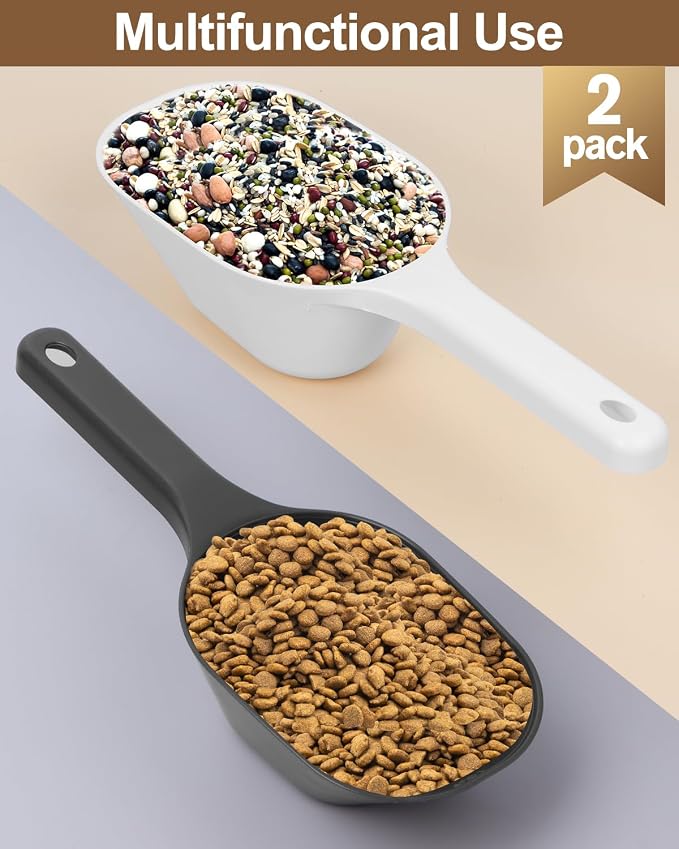 2 Pack Dog Food Scoop, 1 Cup Pet Food Scoop With Measuring Lines | Black and White, Clear Markings for Precise Measuring 1/2 and 1 Cup Lines,Dishwasher Safe,Plastic,Portable and Sturdy