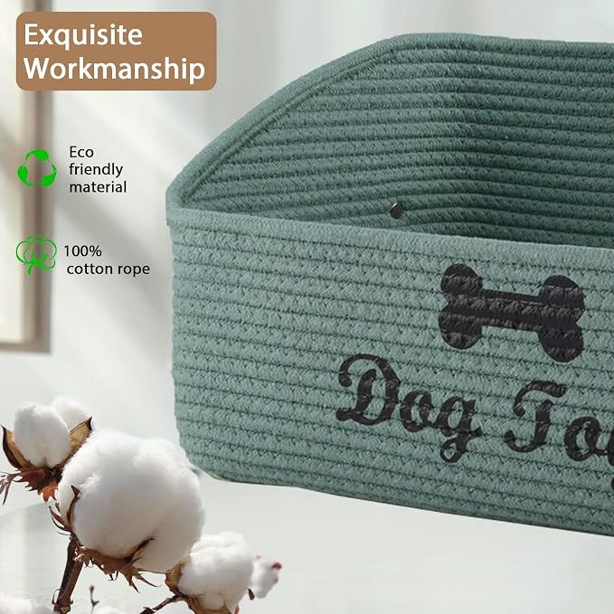 Dog Toy Basket-100% Cotton Rope Dog Toy Bin for Living Room Area-Trapezoid Pet Toys Box with Sturdy Handle-Puppy Bed-Dog Stuff Organizer for Pet Toys,Collar,Leash,Blanket-Chew Proof -Green