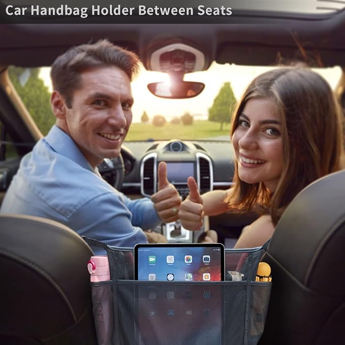 WLLWOO Car Net Pocket Organizer Purse Holder Console Front Seat Storage | Multi Pocket Car Seat Organize Bag Handbag Holder Between Seats Back Barrier