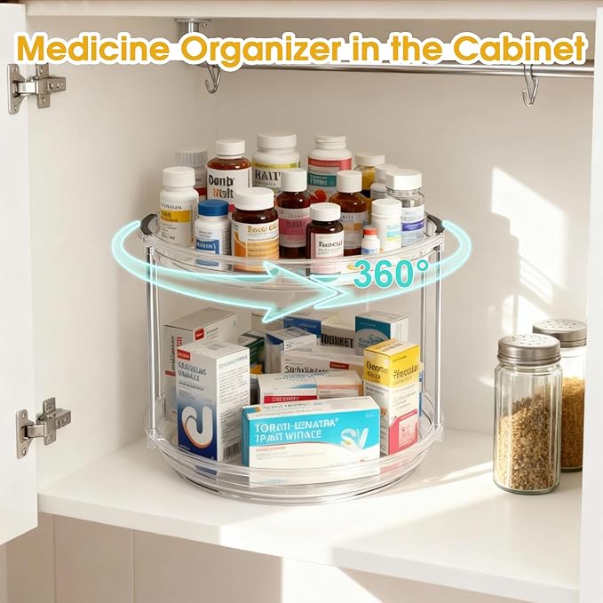 2 Pack Medicine Cabinet Organizer, Rotary Turntable Organizer for Medicine and Vitamin Bottles, Under Sink Organizer for Medicine, Bathroom Cabinet Storage, Easy Assembly, Transparent Clear