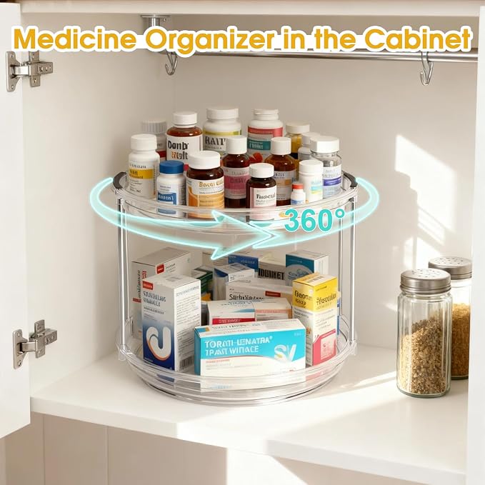 2 Tier Medicine Cabinet Organizer, Rotary Turntable Organizer for Medicine and Vitamin Bottles, Under Sink Organizer for Medicine, Bathroom Cabinet Storage, Easy Assembly, Transparent Clear