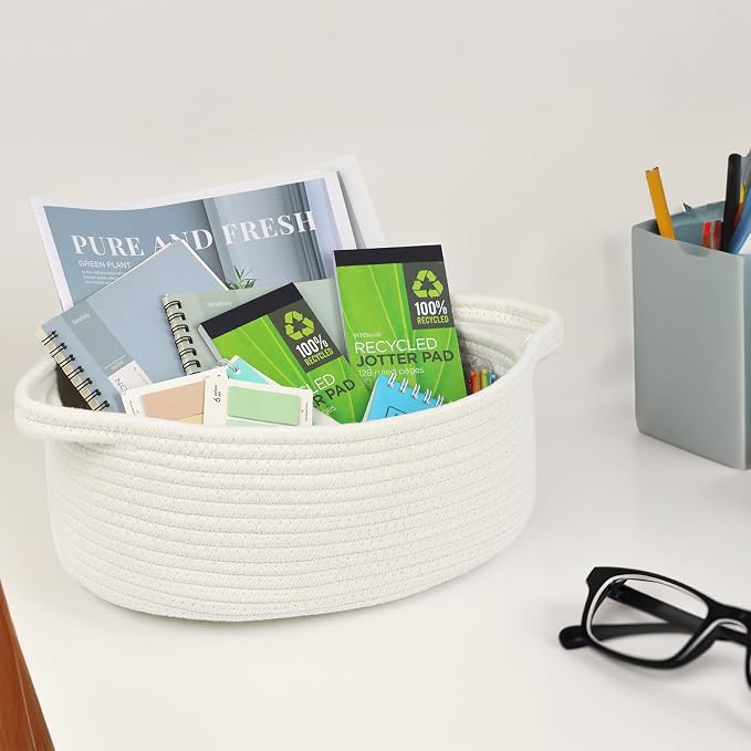 Woven Cotton Rope Storage Basket with Handle, White, 13 Inch | Empty Gift Basket, Bathroom and Closet Organizer, Nursery Toy Storage, Decorative Boho Basket, Shelf Storage Bin