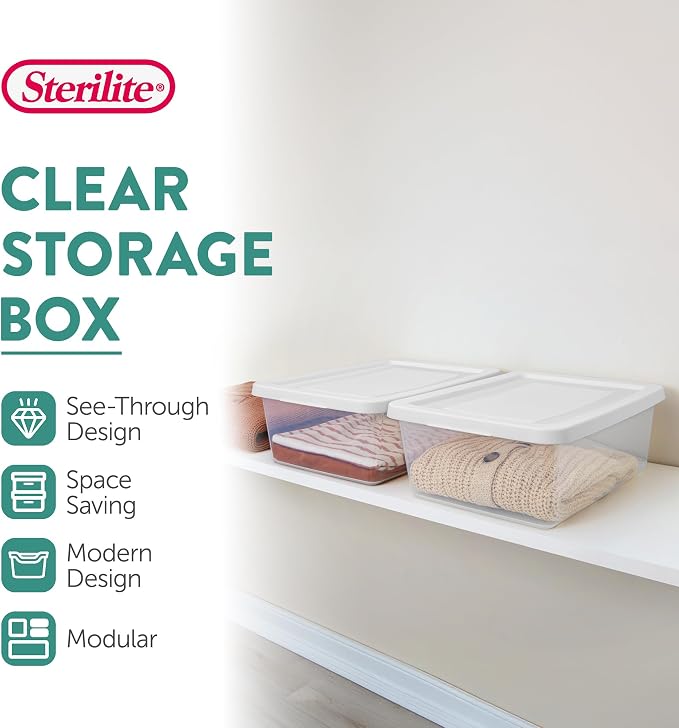 Sterilite Storage Box Stackable Tote, White, 12 Quart, 12 Pack | Clear Plastic Container with Secure Snapping Lids for Home and Office Organization