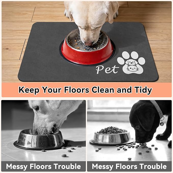 Dog Cat Feeding Mat-Absorbent Pet Bowl Mat for Food and Water, Quick Dry Water Dispenser Mat for Floors with Waterproof Rubber Backing, Puppy Cat Placemat Mats for Messy Drinkers,16"x24",Dark Grey