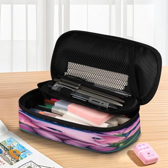 Starry Pink Elephant Tulips Pencil Case Pouch, Big Capacity Waterproof Pen Bag for Students Teens Adults, Large Storage Organizer for Stationery