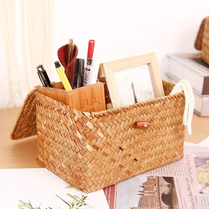 FEILANDUO Mini Wicker Shelf Storage Baskets with Lid, Set of 3, (S/M/L) | Handwoven Seagrass Small Decorative Boxes, Desktop Makeup Organizer, Multipurpose Container