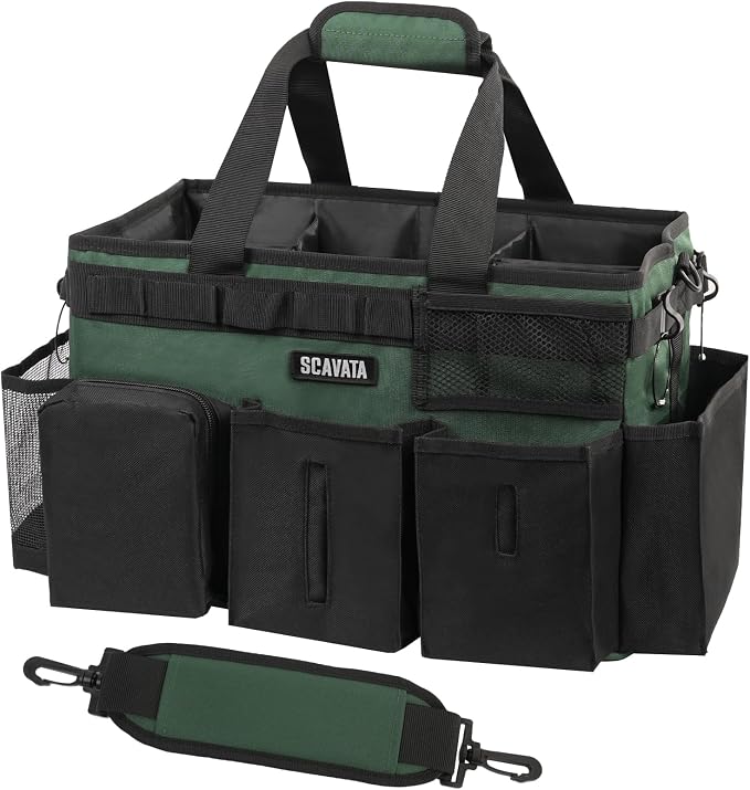 SCAVATA Wearable Cleaning Caddy Bag, Cleaning Caddy Supplies Organizer with Handle & Shoulder Straps for Housekeepers, Under Sink & Car Cleaning Tool Organizers with 4 Foldable Divider (TreeGreen)