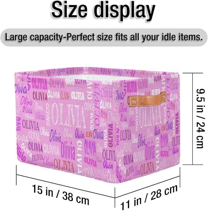 Personalized Name Rectangle Storage Bins, Pink Color Background | Organizing Boys Girls Pets Toys Closet Shelf Clothes Books
