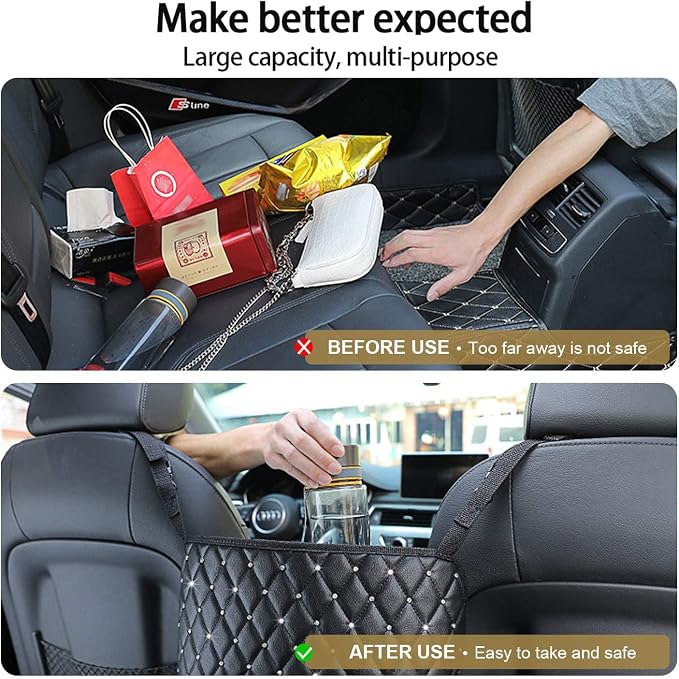Car Net Pocket Handbag Holder with Diamond Bling Driver Netting Pouch, Handbag Holder Front Seat, Barrier of Backseat Pet Kids Storage & Pocket (Black with Diamond)