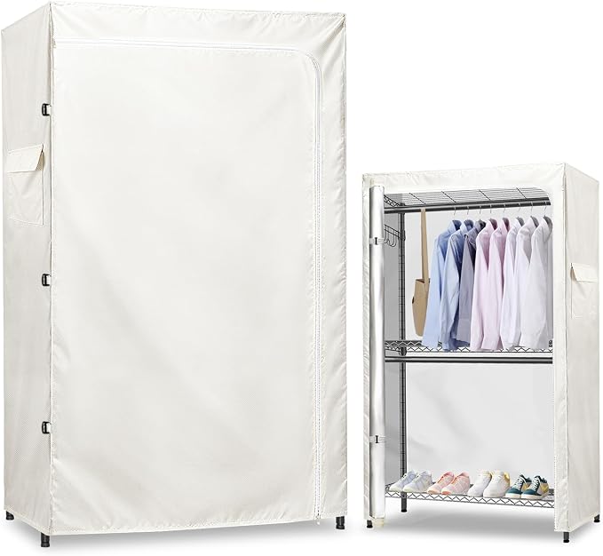 Rileytee Garment Rack Cover,600D Heavy Duty Waterproof Clothing Rack Cover,Clothes Rack Cover with Zipper for Metal Garment Rack(White,46"W x 18"D x 80"H,Cover Only）