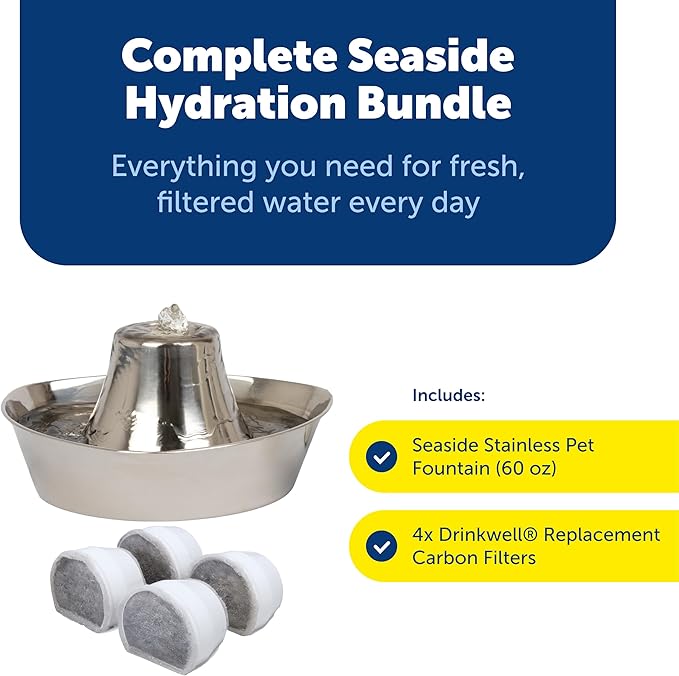 PetSafe Seaside Stainless Cat & Dog Fountain - Extra Water Filters & 1 Pump Included, Tower Creates Soothing Flow for Pets, Scratch-and Rust-Resistant Material Inhibits Pet Acne, 60 Oz Water Capacity