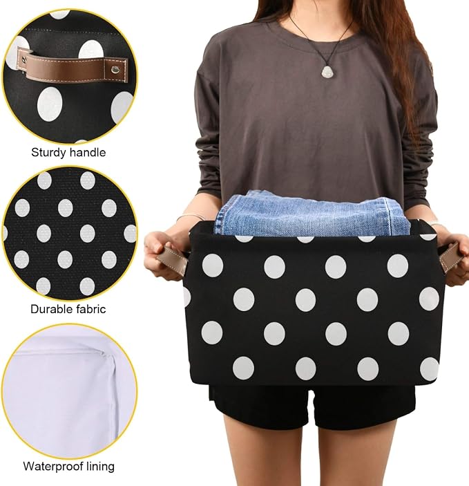 susiyo Large Foldable Storage Bin Black White Polka Dot Fabric Storage Baskets Collapsible Decorative Baskets Organizing Basket Bin with PU Handles for Shelves Home Closet Bedroom Living Room-2Pack