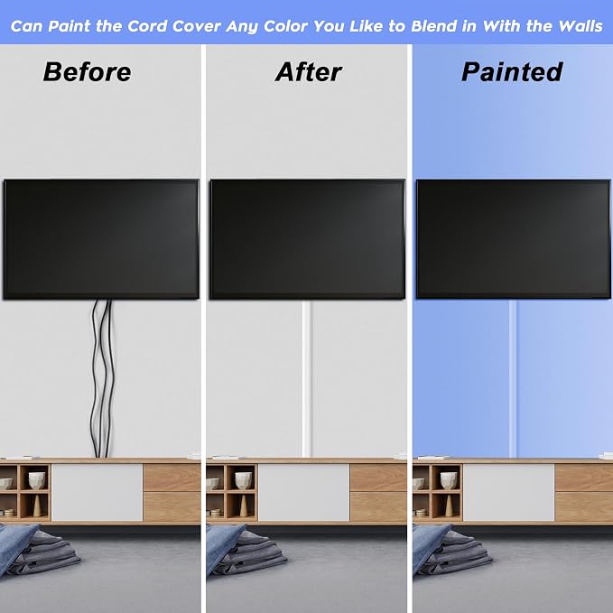TV Cord Hider, Self Adhesive 44in Cable Raceway Kit, Holds Up to 4 Cables | White Wire Covers for Cords on Wall, Large Cord Cover for Wall Mounted TV, Paintable Cable Management System, W1.2in H0.6in